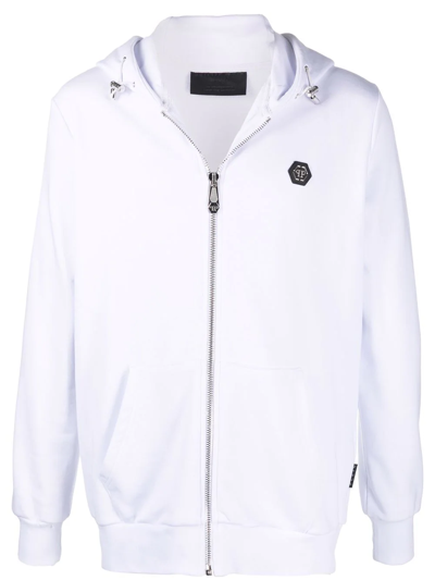 Philipp Plein Embellished Skull Logo-print Zip Hoodie In White