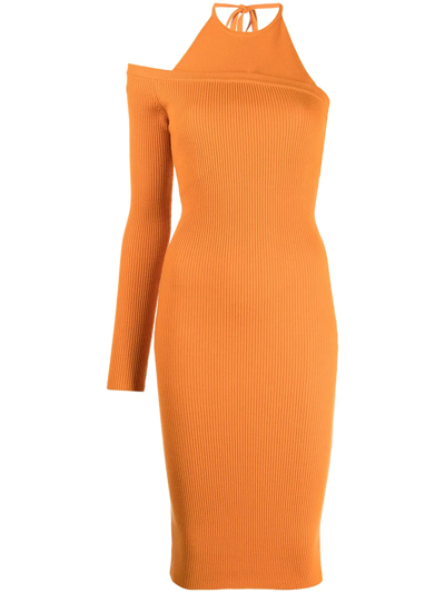Monse One-sleeve Ribbed Wool-blend Halterneck Midi Dress In Orange