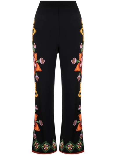 La Doublej Stretch Floral-print Straight Trousers In Black