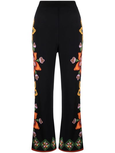 La Doublej Stretch Floral-print Straight Trousers In Schwarz