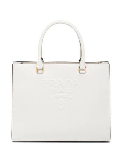Prada Medium Logo-embossed Tote Bag In White