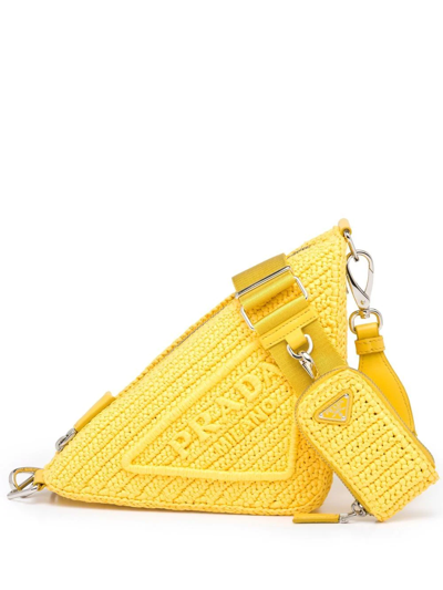 Prada Triangle Logo Raffia Shoulder Bag In Yellow