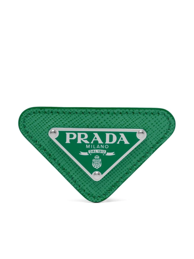 Prada Enameled Triangle Pin With Saffiano Trim In Mango