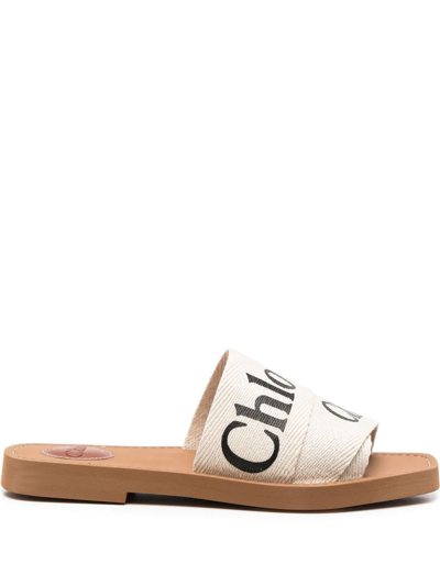 Chloé Woody Flat Logo Ribbon Slide Sandals In Neutral