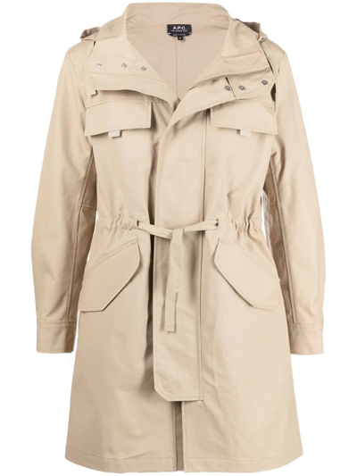 Apc Hooded Drawstring Parka Coat In Neutrals