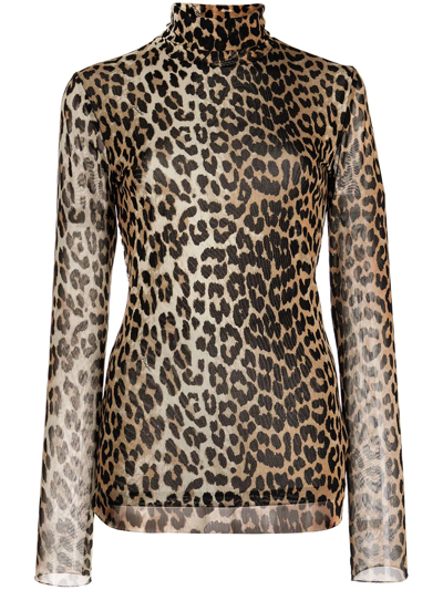 Ganni Leopard-print Long-sleeve Top In Brown