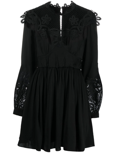 Self-portrait Black Viscose Chemical Lace Bib Mini Dress