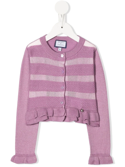 Simonetta Kids' Striped Ruffle Hem Cardigan In Violet