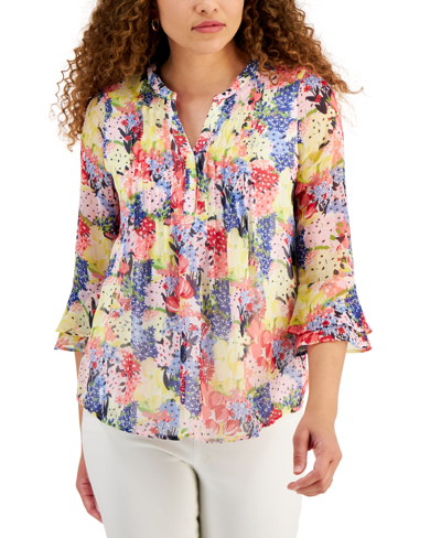 Charter Club Petite Floral-print Flutter-sleeve Pintuck Top, Created For Macy's In Red Barn Combo