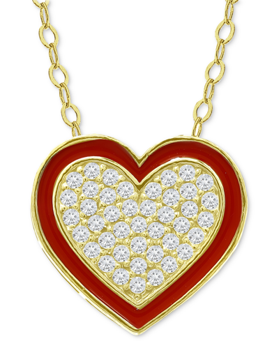 Giani Bernini Cubic Zirconia & Red Enamel Heart Pendant Necklace, 16" + 2" Extender, Created For Macy's In Gold Over Silver