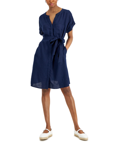 Charter Club Women's Linen Split-neck Dress, Created For Macy's In Intrepid Blue