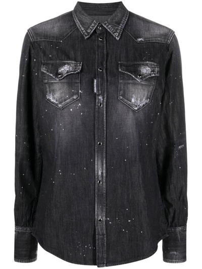 Dsquared2 Splatter Long-sleeve Denim Shirt In Black