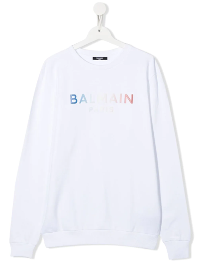 Balmain Teen Logo-print Crew Neck Sweatshirt In White