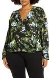 Halogen Cross Front Blouse In Black- Green Wildflower Fileds