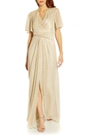 Adrianna Papell Metallic Mesh Drape A-line Gown In Alabaster