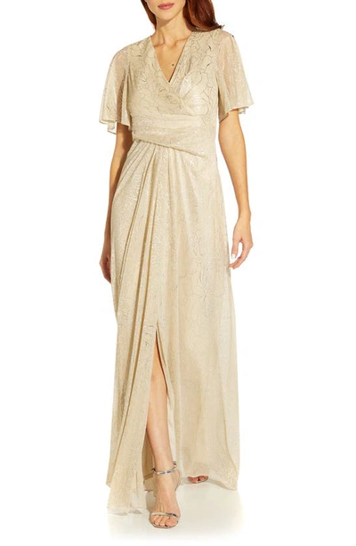Adrianna Papell Metallic Mesh Drape A-line Gown In Alabaster
