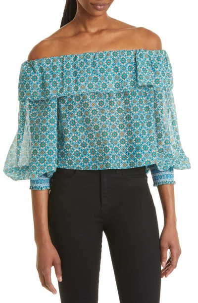 Alice And Olivia Alta Printed Off-the-shoulder Cotton-blend Blouse In Blue
