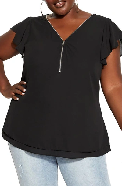 City Chic Trendy Plus Size Zip Fling Shorts Flutter Sleeve Top In Black