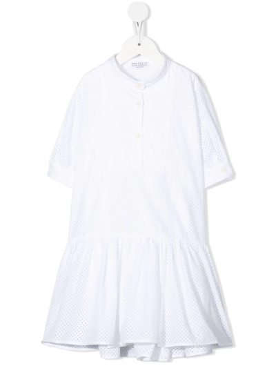 Brunello Cucinelli Kids' Perforated Ruched-detail Dress In White