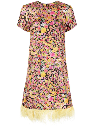 La Doublej Mini Swing Feathered Floral-print Silk-twill Dress In Tripping Nero