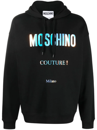 Moschino Iridescent Logo Cotton Hoodie In Black