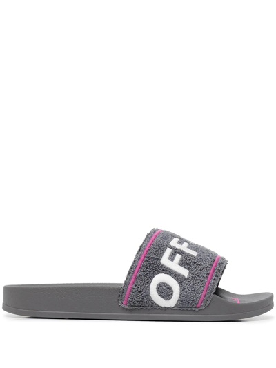 Off-white Logo-embroidered Terry Slides In Gray