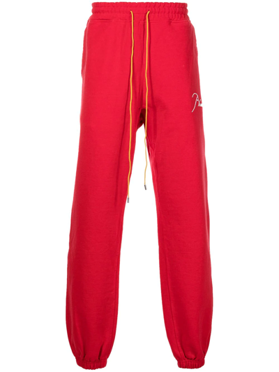 Rhude Embroidered-logo Tapered Joggers In Red