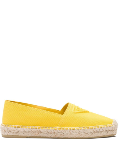 Prada Embossed-logo Cotton Espadrilles In Yellow