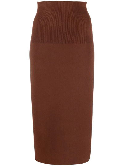 Victoria Beckham Vb Body Ribbed Stretch-knit Midi Skirt In Brown