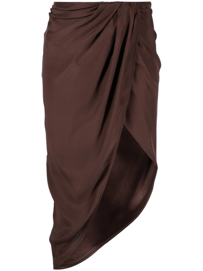 Gauge81 Ruched Asymmetric Silk Midi Skirt In Brown