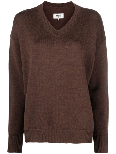 Mm6 Maison Margiela Brown Knitted Logo Distressed Wool Sweater