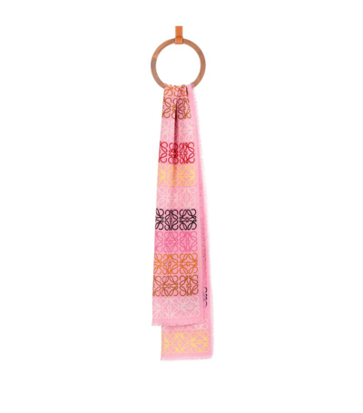Loewe Fringed Printed Wool, Silk And Cashmere-blend Scarf In Pink &amp; Purple