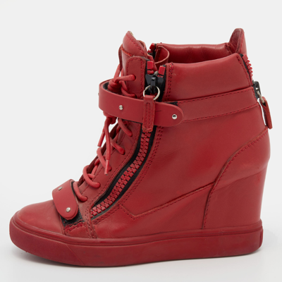 Pre-owned Giuseppe Zanotti Red Leather High Top Wedge Trainers Size 36.5