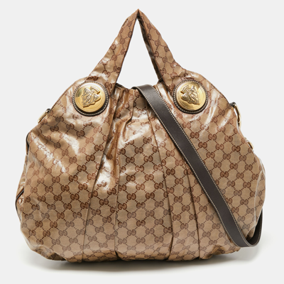 Pre-owned Gucci Brown/beige Gg Crystal Canvas And Leather Large Hysteria Hobo