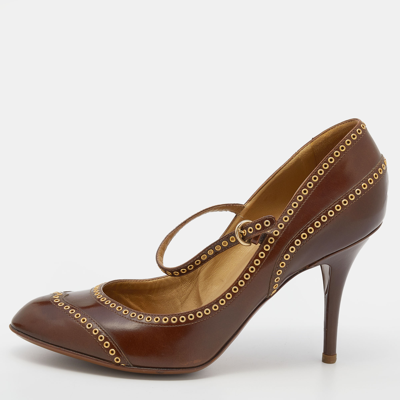 Pre-owned Sergio Rossi Brown Leather Eyelet Mary Jane Pumps Size 40