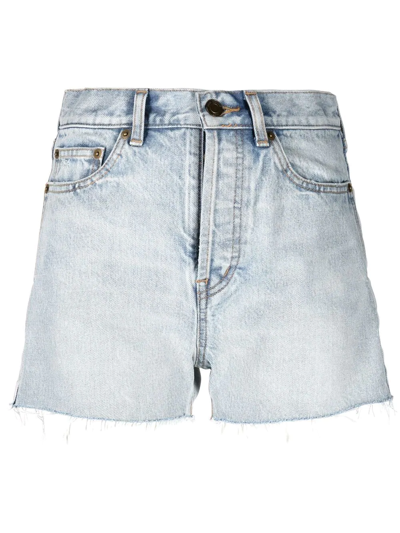 Saint Laurent Raw Hem High Rise Light Wash Denim Shorts In Blue