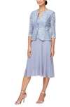 ALEX EVENINGS MOCK TWO-PIECE LACE MIDI COCKTAIL DRESS WITH JACKET