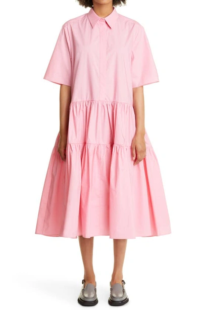 Cecilie Bahnsen Tiered Skirt Short-sleeved Cotton Shirt Dress In Pink