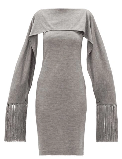 Burberry Cloud Grey Merino Wool Sleeveless Dress With Fringed Capelet, Brand Size 4 (us Size 2)