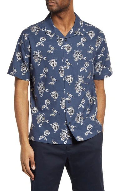 Vince Ikat Floral Print Short Sleeve Cotton Button-up Shirt In Hematite
