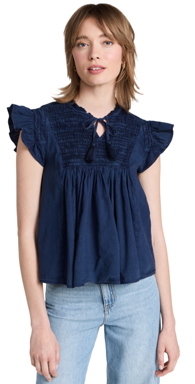 Sea Simona Denim Smocked Flutter Sleeve Top In Blue-drk