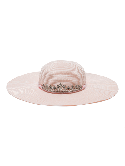 Monnalisa Straw Hat With Crown In Light Pink