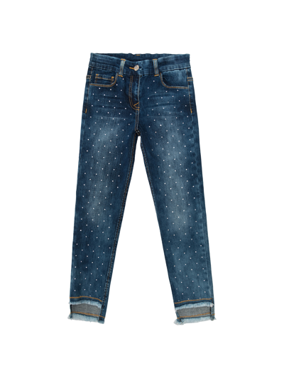 Monnalisa Babies'   Frayed Jeans With Rhinestones In Blu Stone Denim