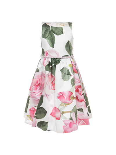 Monnalisa Dress With Rose Print In Cream