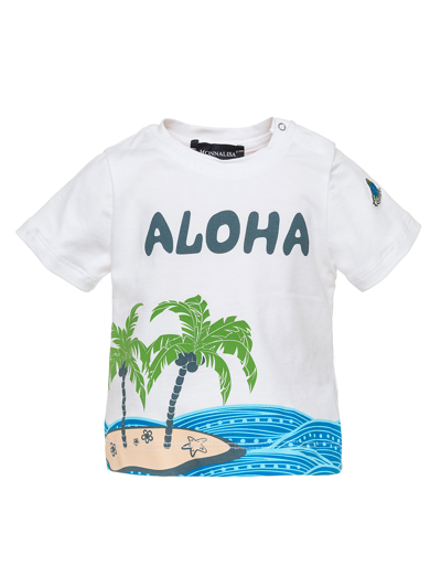 Monnalisa Cotton T-shirt In Palm Print In White