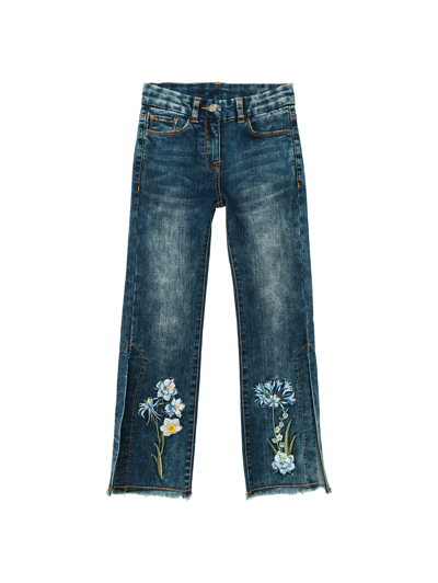 Monnalisa Embroidered Floral Jeans In Blu Stone Denim