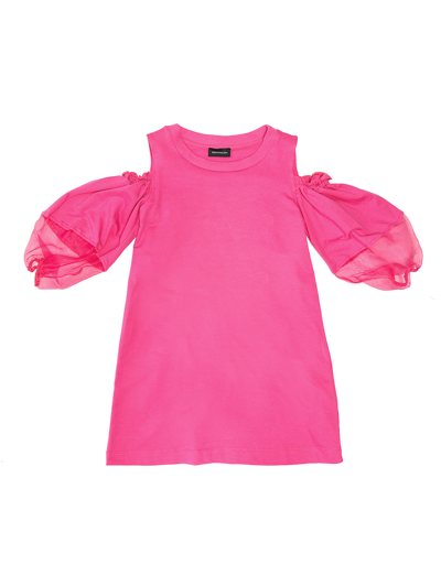 Monnalisa Cotton Sweatshirt Dress With Organza Detail In Bright Fuchsia