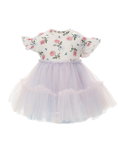 Monnalisa Jersey Tulle Dress With Roses Print In Cream + Pink