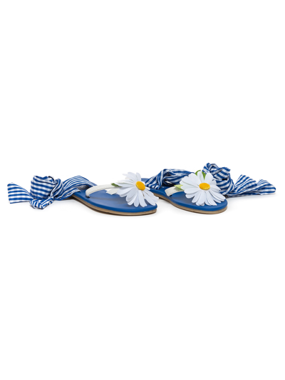 Monnalisa Ribbon Flip Flops With Daisies In Blue + Light Yellow