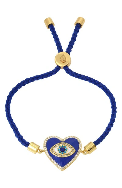 Kurt Geiger Evil Eye Heart Charm Friendship Braided Slider Bracelet In Gold Tone In Blue/gold